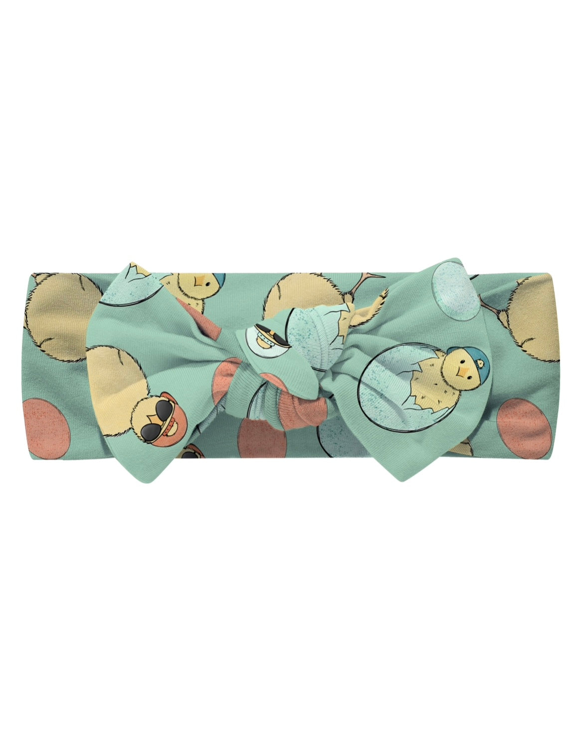 The Cool Chick • Bow Headwrap is a light teal bamboo headband with a large bow, featuring cartoon sheep and pastel pink and beige polka dots—super soft and gentle for newborns.
