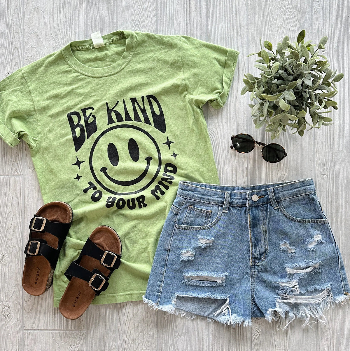 A flat lay of a Kind to Your Mind • Aloe Dyed Tee, crafted from soft ringspun cotton, styled with ripped denim shorts, black Birkenstock-style sandals, round sunglasses, and a small potted plant on a light wood floor.