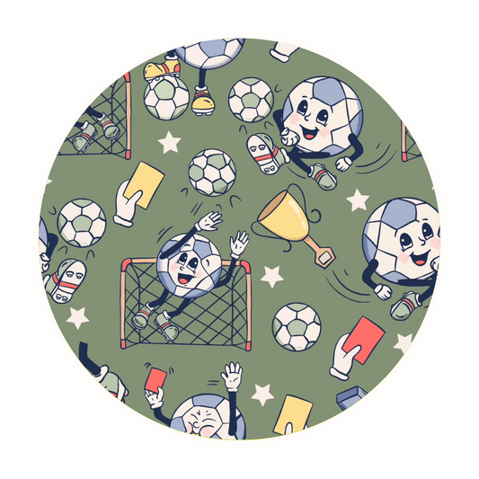 Cartoon soccer balls with faces playing and celebrating near goals on a green background, all inside a circular frame—great for your cozy collection or printed on the Kickoff • 2 Piece Bamboo Set (Classic Fit).