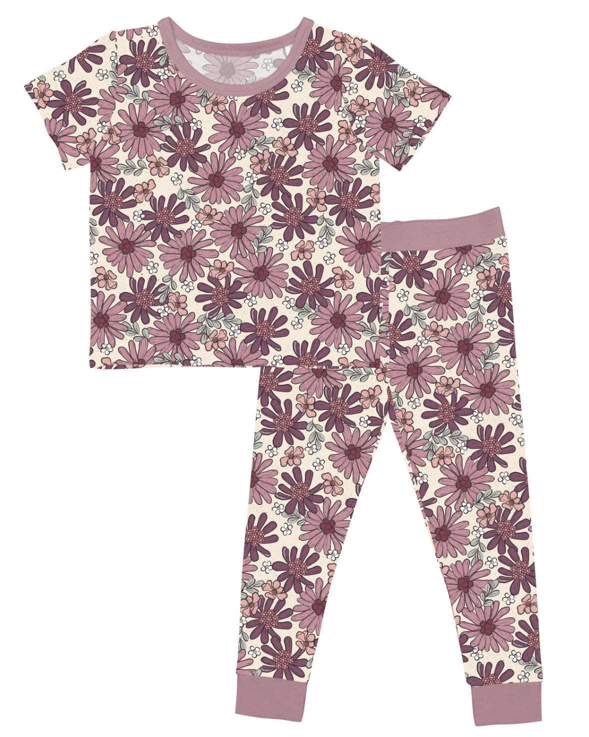 The Plum Petals • 2 Piece Bamboo Set (Updated Fit) features a short-sleeve top and pants with a purple and pink floral pattern, mauve trim, and ultra-soft bamboo viscose fabric—ideal for sensitive skin. Shown laid flat on a white background.