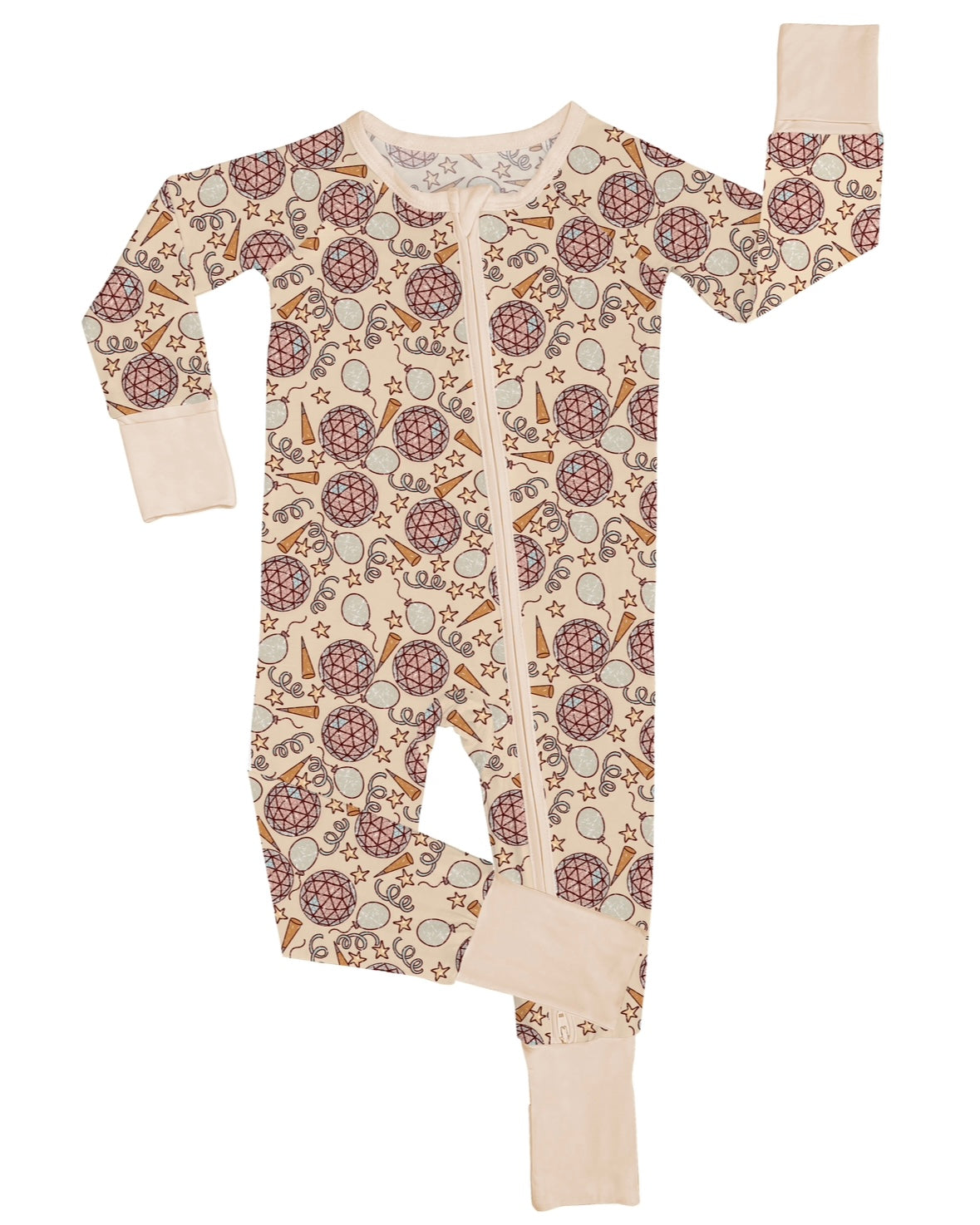 The Celebrate • Bamboo Zippy (Updated Fit) is a beige baby onesie with a white front zipper, long sleeves, and cuffs. Made from soft bamboo fabric, it features a playful maroon and brown snail, mushroom, and acorn pattern.