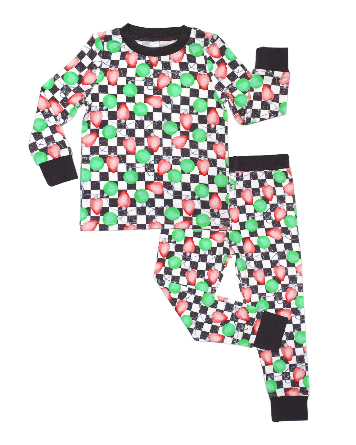 The Checkered Lights • 2 Piece Bamboo Set (Updated Fit) features silky-soft bamboo viscose, black cuffs, and a checkerboard pattern with red and green Christmas lights. Includes a long-sleeve top and matching pants.