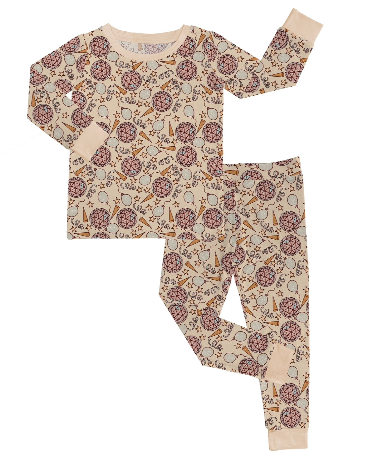 The Celebrate • 2 Piece Bamboo Set (Updated Fit) is a children’s pajama set crafted from super stretchy fabric, with a long-sleeve top and pants featuring a cream base, all-over brown, red, and maroon floral pattern, and light beige cuffs and neckline.
