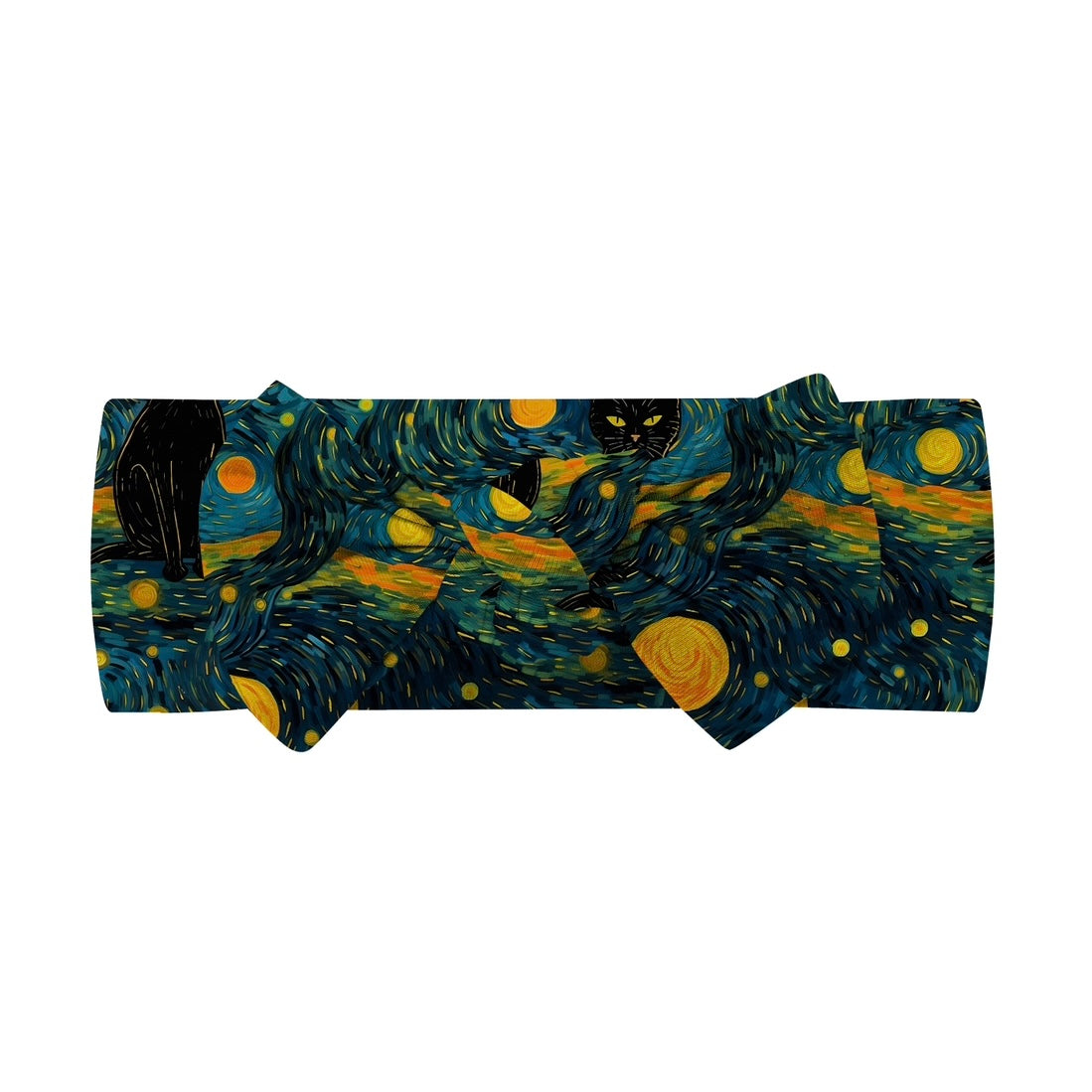 The Starry Cats Bow Headwrap features a Van Gogh’s Starry Night-inspired design with swirling blue, green, and yellow patterns, plus black cats among the stars—crafted from soft, stretchy fabric for comfort.