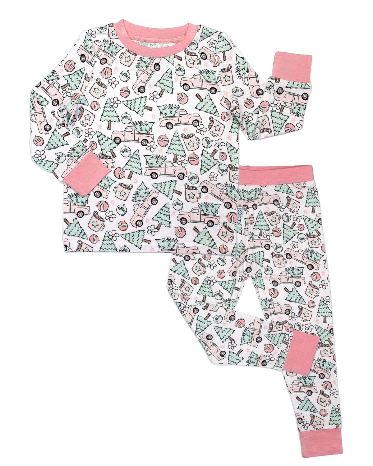 The Pink Trucks • 2 Piece Bamboo Set (Updated Fit) features long sleeves and pants with a pink collar and cuffs. Made from soft bamboo, the white fabric showcases cute camping-themed prints in pink, green, and black.
