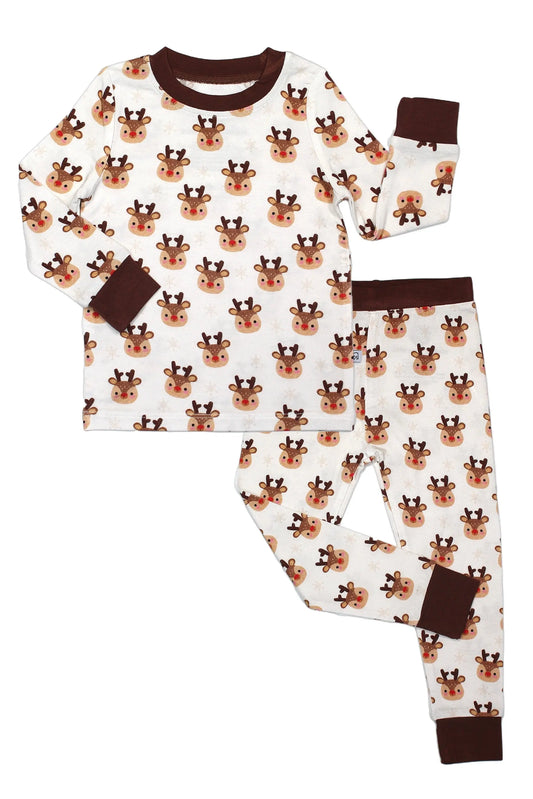 The Rudolph • 2 Piece Bamboo Set (Updated Fit) features cozy long-sleeve pajamas with pants, a white base and smiling reindeer print, plus dark brown cuffs and collar. Made from soft bamboo fabric gentle on sensitive skin.