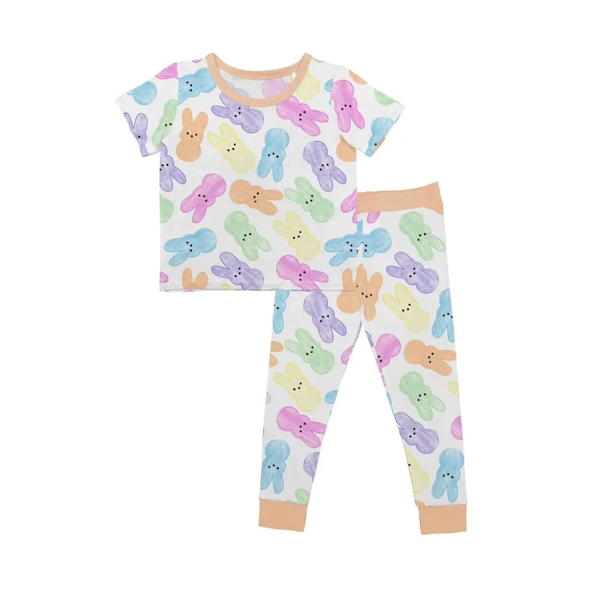 The Hoppy Dreams • 2 Piece Bamboo Set (Updated Fit) features a soft white short-sleeve top and pants with cute bunny faces, plus light tan collar, cuffs, and waistband. Made from cozy bamboo viscose for extra comfort.