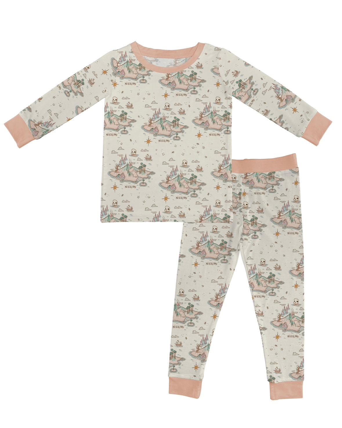 The Never Neverland • 2 Piece Bamboo Set features a whimsical map print in pastel hues, peach-colored cuffs and collar, and ultra-stretchy bamboo fabric perfect for eczema-prone skin. Shown laid flat on a white background.