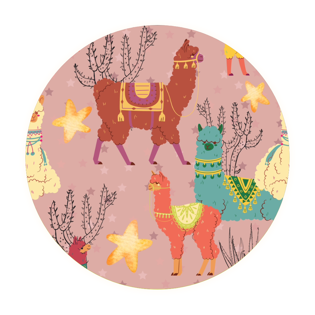 The Llama Drama • 2 Piece Bamboo Set (Classic Fit) features illustrated llamas with colorful saddles among cacti and stars on a pink, circular background—made from soft bamboo fabric that’s gentle on eczema-prone skin.