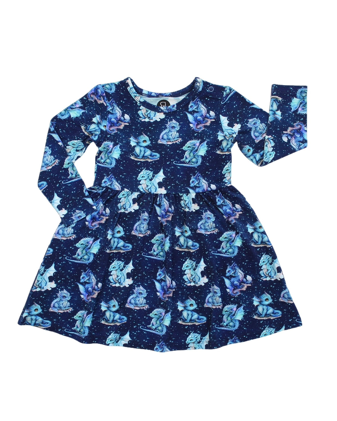 The Dreamy Dragons • Twirl Dress is a long-sleeved, navy blue bamboo viscose dress with an all-over print of cartoon dragons, rainbows, and stars in blue, teal, and purple. It features a fitted bodice and flared skirt.