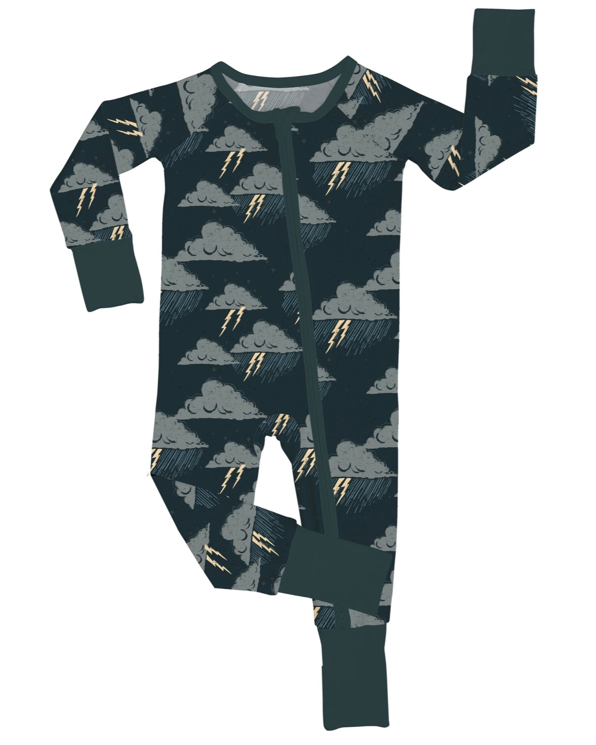 The Stormy • Bamboo Zippy (Updated Fit) is a dark children’s onesie with gray clouds and yellow lightning bolts, made of soft bamboo fabric. It features a diagonal zipper and dark green cuffs—perfect for sensitive skin.