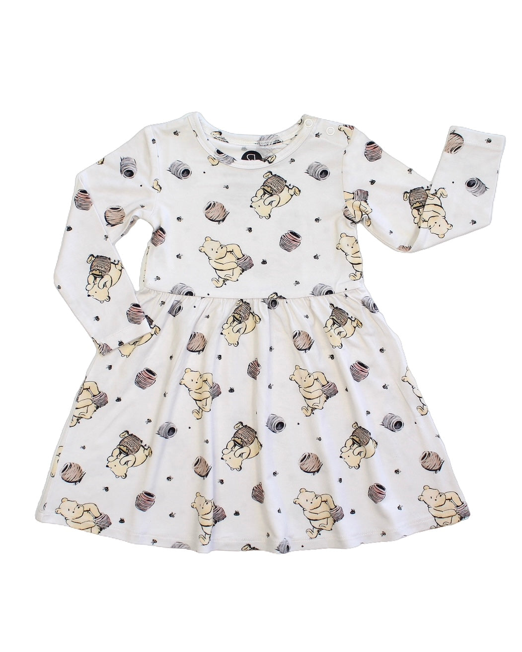Classic Pooh • Twirl Dress: Long-sleeved, white childrens dress with a playful Classic Pooh print in light brown and gray. Made from soft bamboo viscose, it features a round neck and gathered waist for cozy comfort.