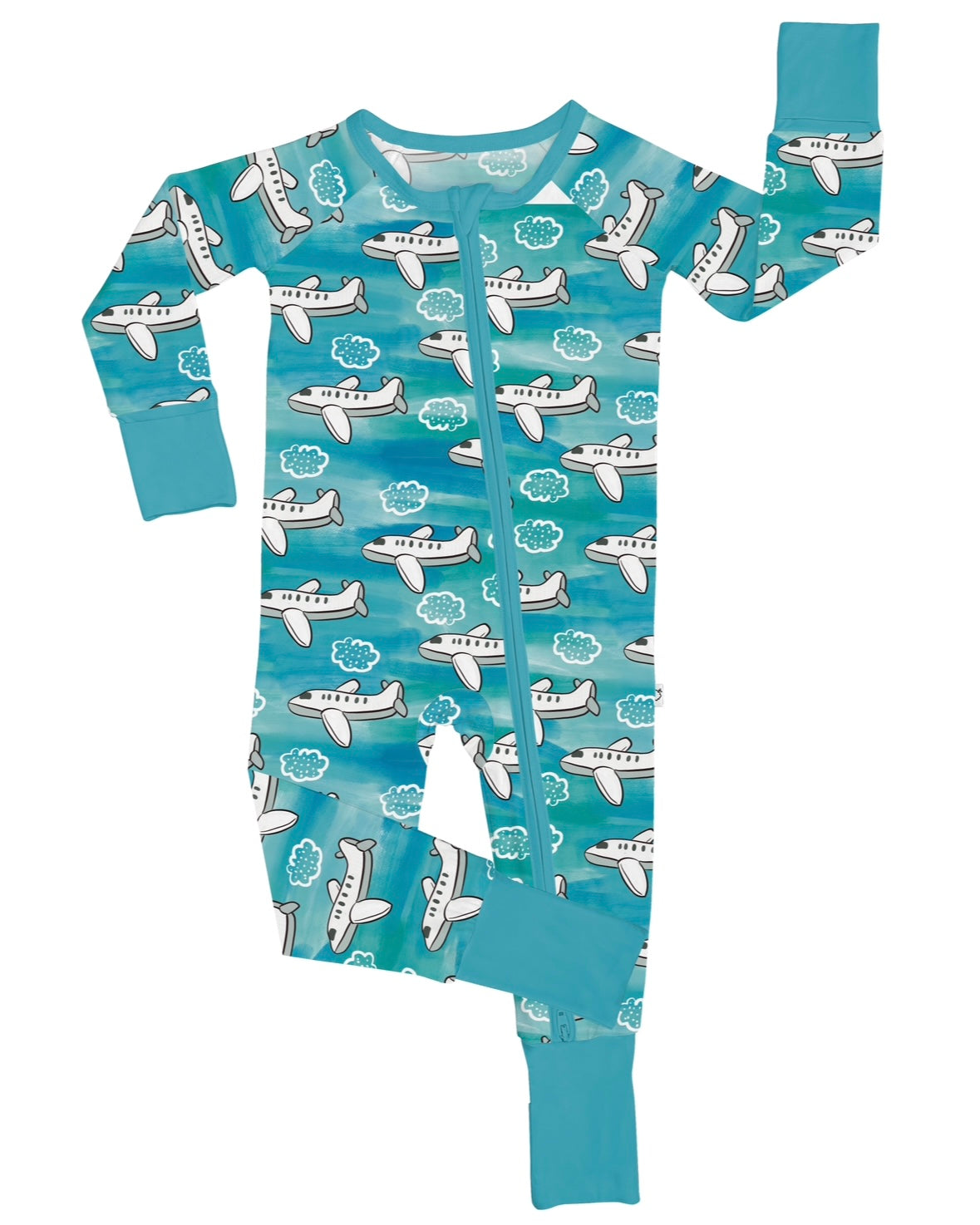 The Up Up & Away • Bamboo Zippy (Updated Fit) is a blue baby sleeper with white airplanes and clouds, turquoise cuffs, a front zipper, and made from soft bamboo fabric.