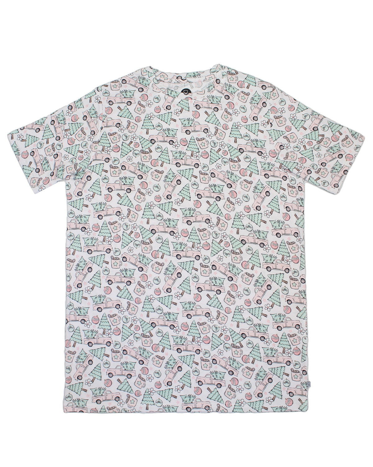 The Pink Trucks • Unisex Bamboo Tee is a soft bamboo viscose t-shirt with pastel cartoon truck prints on a light background. Laid flat to display the back, this short-sleeve tee is perfect for sensitive skin.