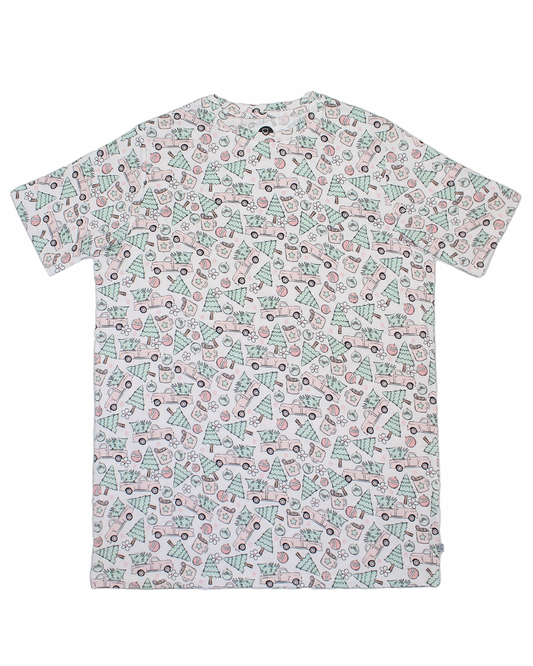 The Pink Trucks • Unisex Bamboo Tee is a soft bamboo viscose t-shirt with pastel cartoon truck prints on a light background. Laid flat to display the back, this short-sleeve tee is perfect for sensitive skin.