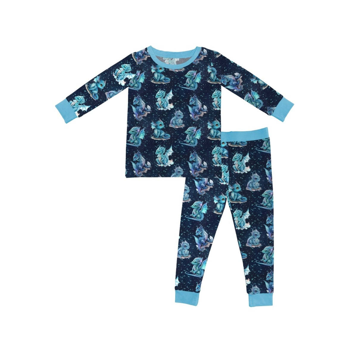 Dreamy Dragons • 2 Piece Bamboo Set (Updated Fit): Long-sleeve childrens pajama set with pants, made from soft bamboo viscose thats gentle on sensitive skin, featuring a blue space-themed print with astronauts, planets, and light blue cuffs and collar.