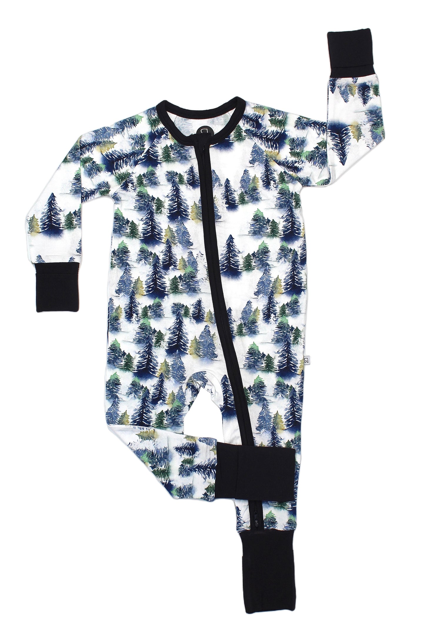 The Snowy Trees • Bamboo Zippy (Updated Fit) features a forest tree pattern in green, blue, and yellow with black cuffs and a diagonal zipper. Made from soft bamboo fabric, its part of our cozy collection for extra comfort.