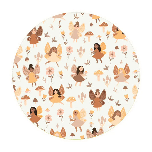 The Fairies • 2 Piece Bamboo Set (Classic Fit) features whimsical fairies with diverse looks, mushrooms, flowers, and leaves in soft earth tones on super stretch fabric—a magical, nature-inspired design.