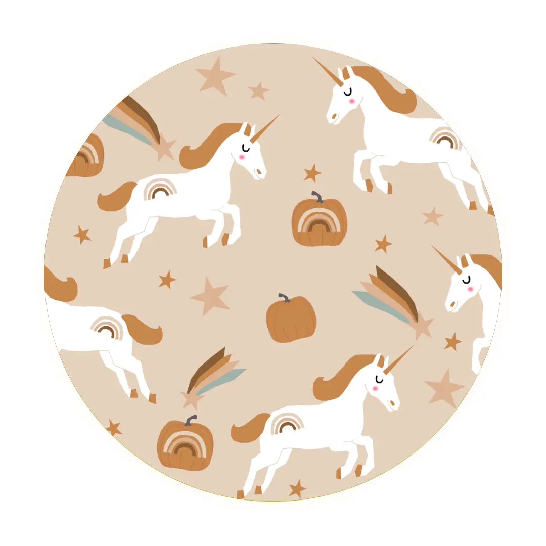 The Fall Unicorns • 2 Piece Bamboo Set (Classic Fit) features a whimsical pattern of white unicorns, rainbows, pumpkins, and stars on beige. Soft bamboo material offers an autumn-inspired feel, perfect for sensitive skin.