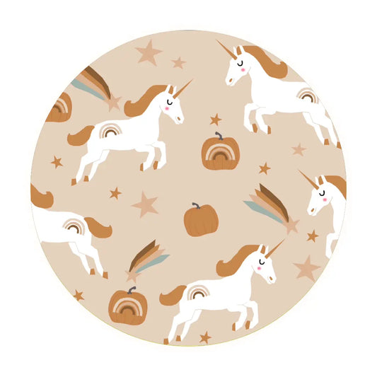 The Fall Unicorns • 2 Piece Bamboo Set (Classic Fit) features a whimsical pattern of white unicorns, rainbows, pumpkins, and stars on beige. Soft bamboo material offers an autumn-inspired feel, perfect for sensitive skin.