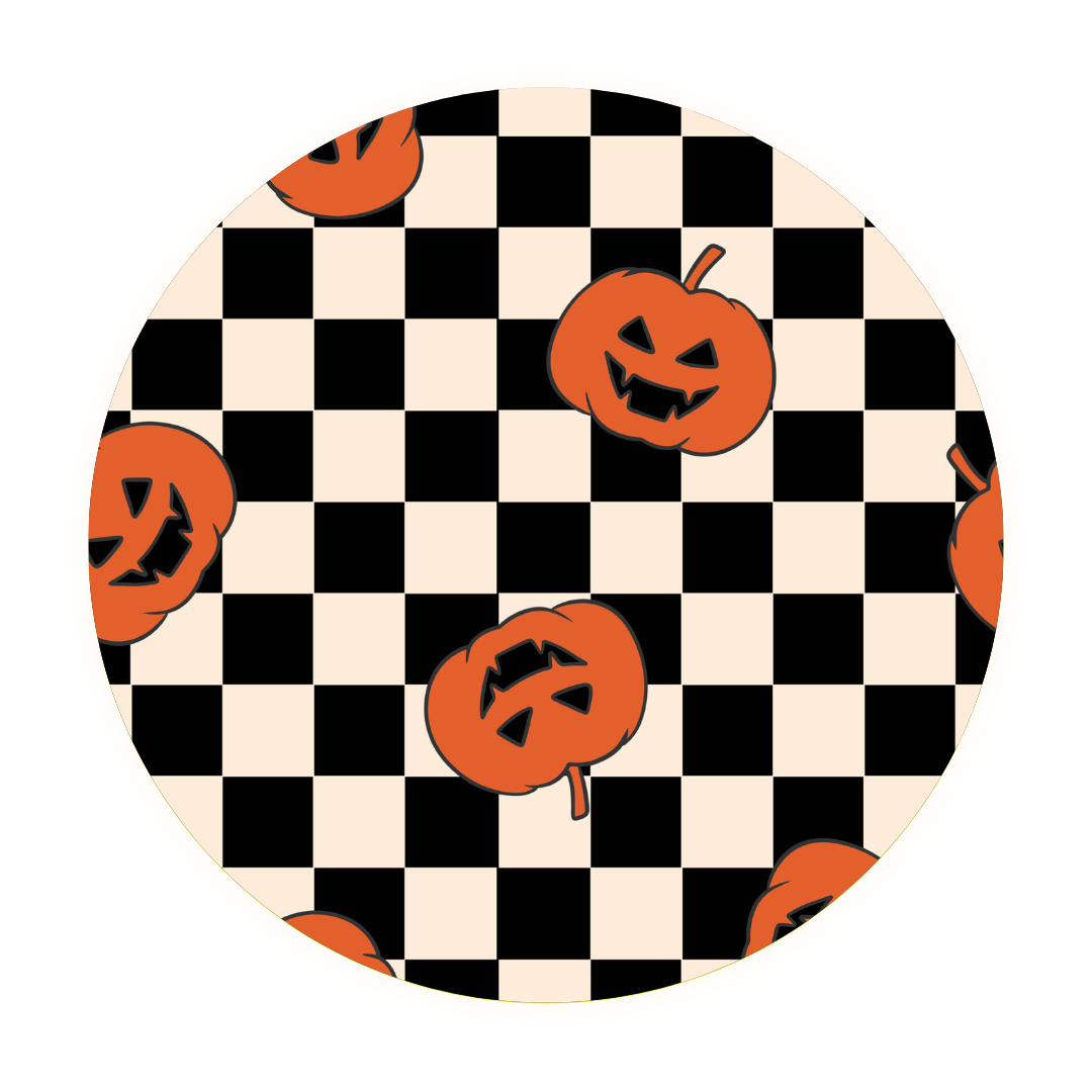 The Checkered Pumpkins • Bamboo Zippy (Classic Fit) features jack-o’-lantern pumpkins with carved faces scattered on a black-and-white checkerboard pattern in a playful, grow-with-me style.