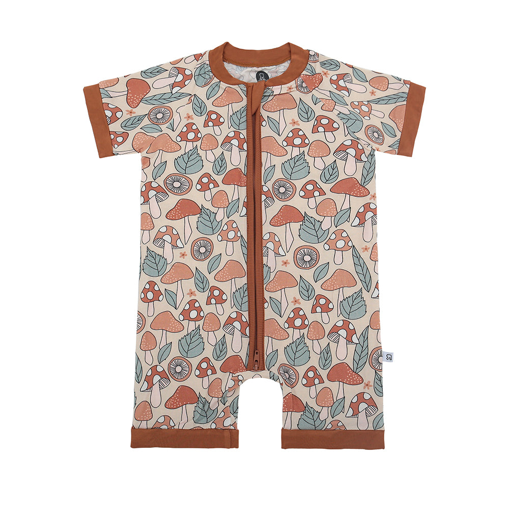 The Mushrooms • Bamboo Shorty (Classic Fit) features soft bamboo viscose, a front zipper, playful orange mushrooms, green leaves, and brown trim—perfect for cozy comfort and charm.