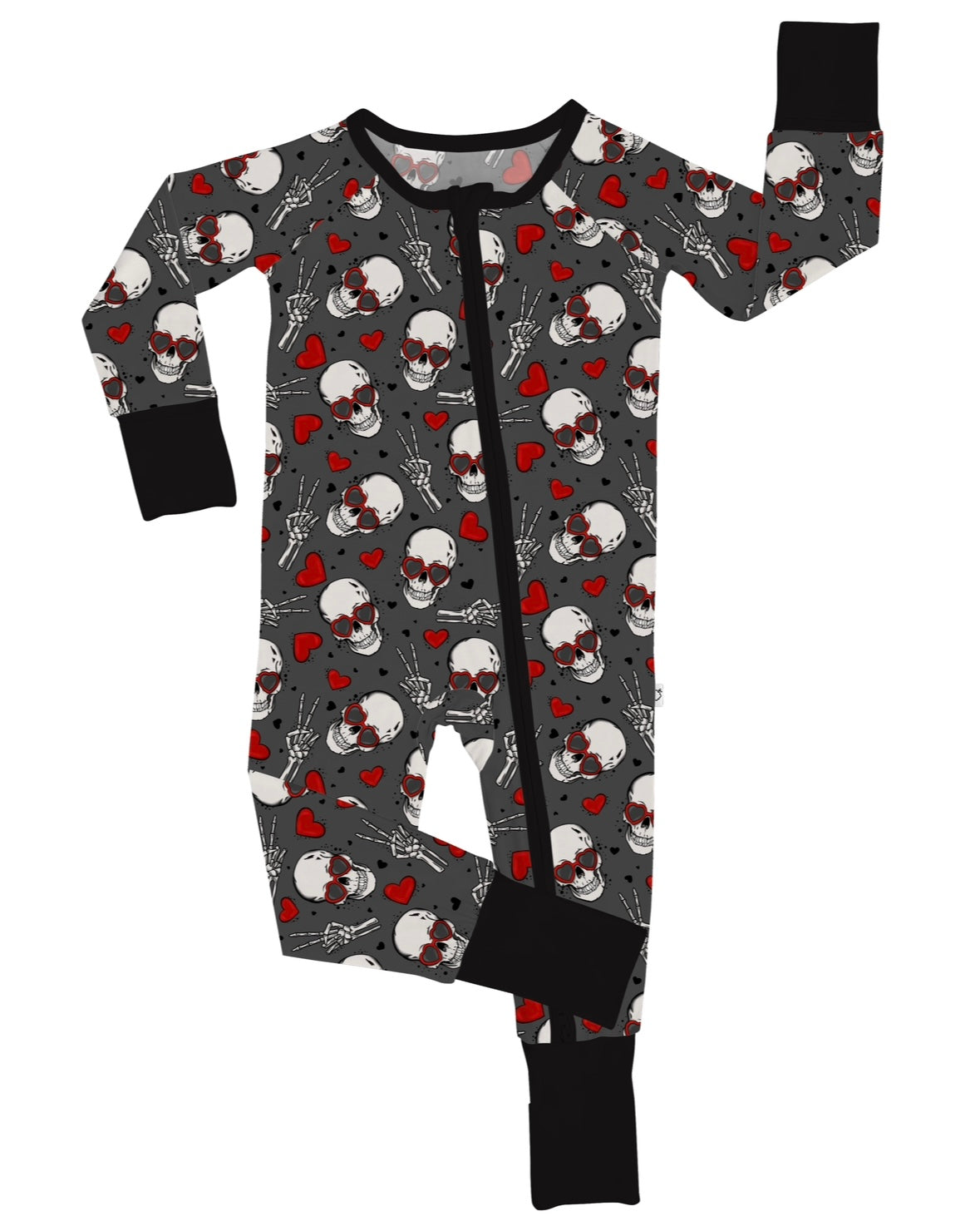 The Love You to Death • Bamboo Zippy (Updated Fit) is a dark gray baby onesie with black cuffs, white skulls, red hearts, small bones, and a front black zipper from our cozy collection.