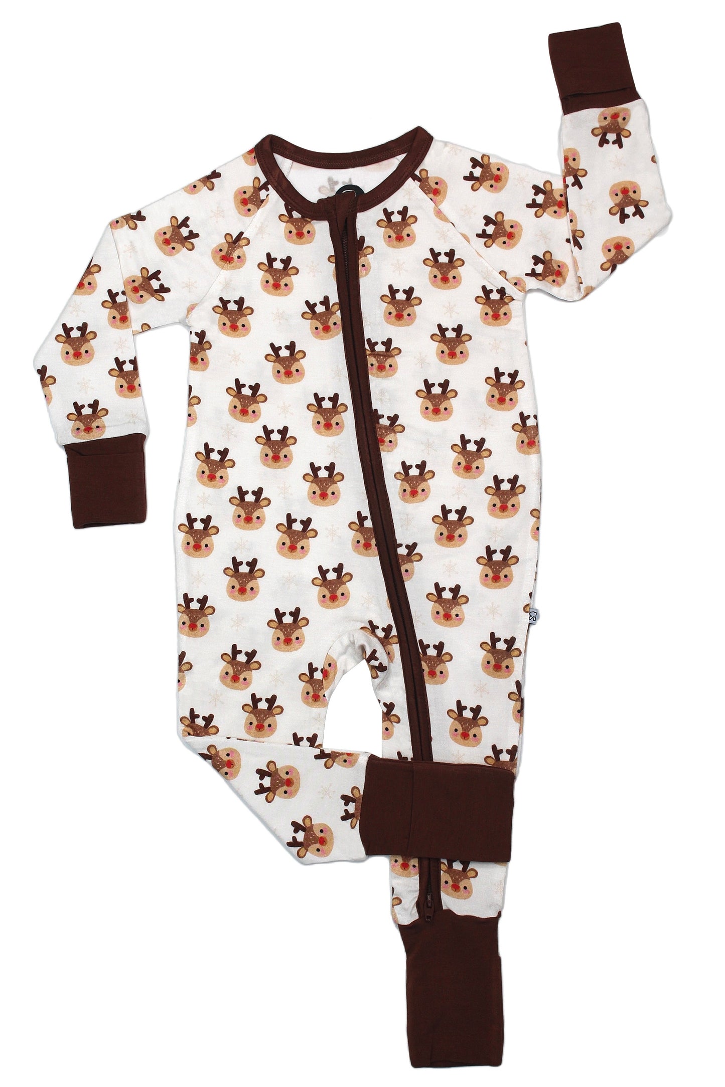 Part of our cozy collection, the Rudolph • Bamboo Zippy (Updated Fit) features a brown zipper and cuffs, cartoon deer faces on a white background, and is crafted from soft bamboo viscose for all-day comfort.