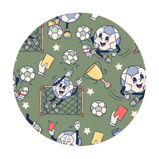 The Kickoff • Bamboo Zippy (Classic Fit) features animated soccer balls with expressive faces, trophies, nets, cards, and stars on a green background. Made from soft bamboo viscose thats gentle on sensitive skin.