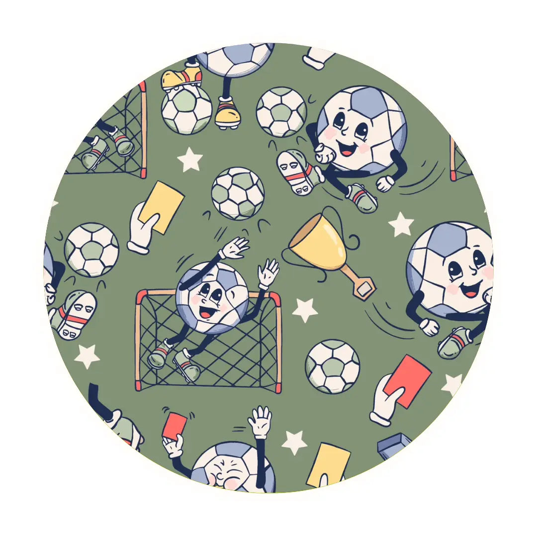 The Kickoff • Bamboo Zippy (Classic Fit) features animated soccer balls with expressive faces, trophies, nets, cards, and stars on a green background. Made from soft bamboo viscose thats gentle on sensitive skin.