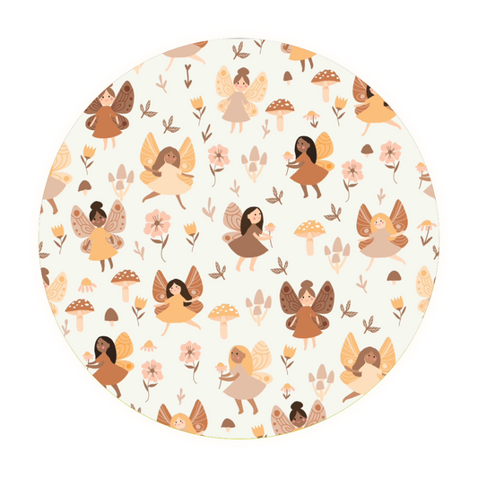 The Fairies • Bamboo Zippy (Classic Fit) features a seamless circular print of whimsical fairies, mushrooms, flowers, leaves, and butterflies in soft earthy tones on a light background—gentle on sensitive skin with bamboo fabric.
