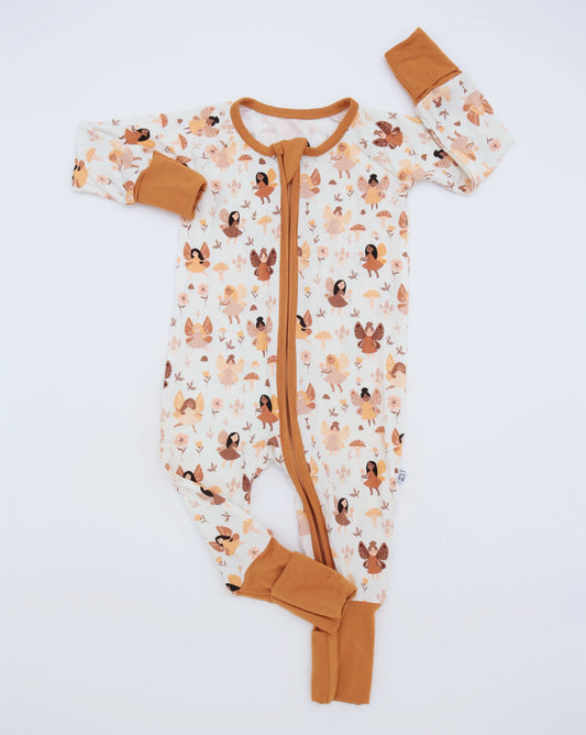 The Fairies • Bamboo Zippy (Classic Fit) baby onesie features a woodland animal print in brown, orange, and cream. Made from gentle bamboo fabric, it includes a zipper front and brown cuffs, shown against a plain white background.