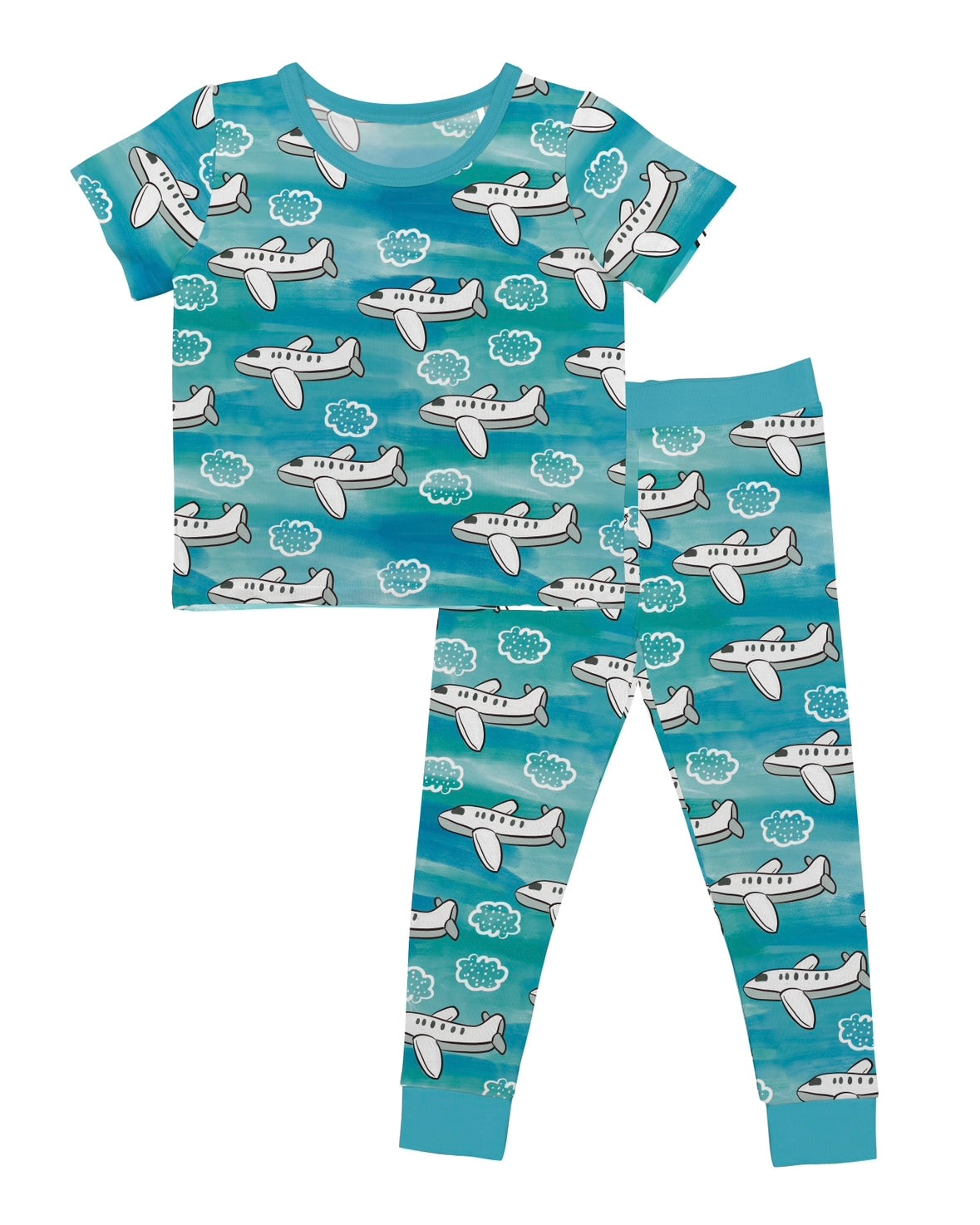 The Up Up & Away • 2 Piece Bamboo Set (Updated Fit) features soft bamboo viscose, a blue background with white airplanes and cartoon clouds, and includes a short-sleeve top with long pants—perfect for sensitive skin.
