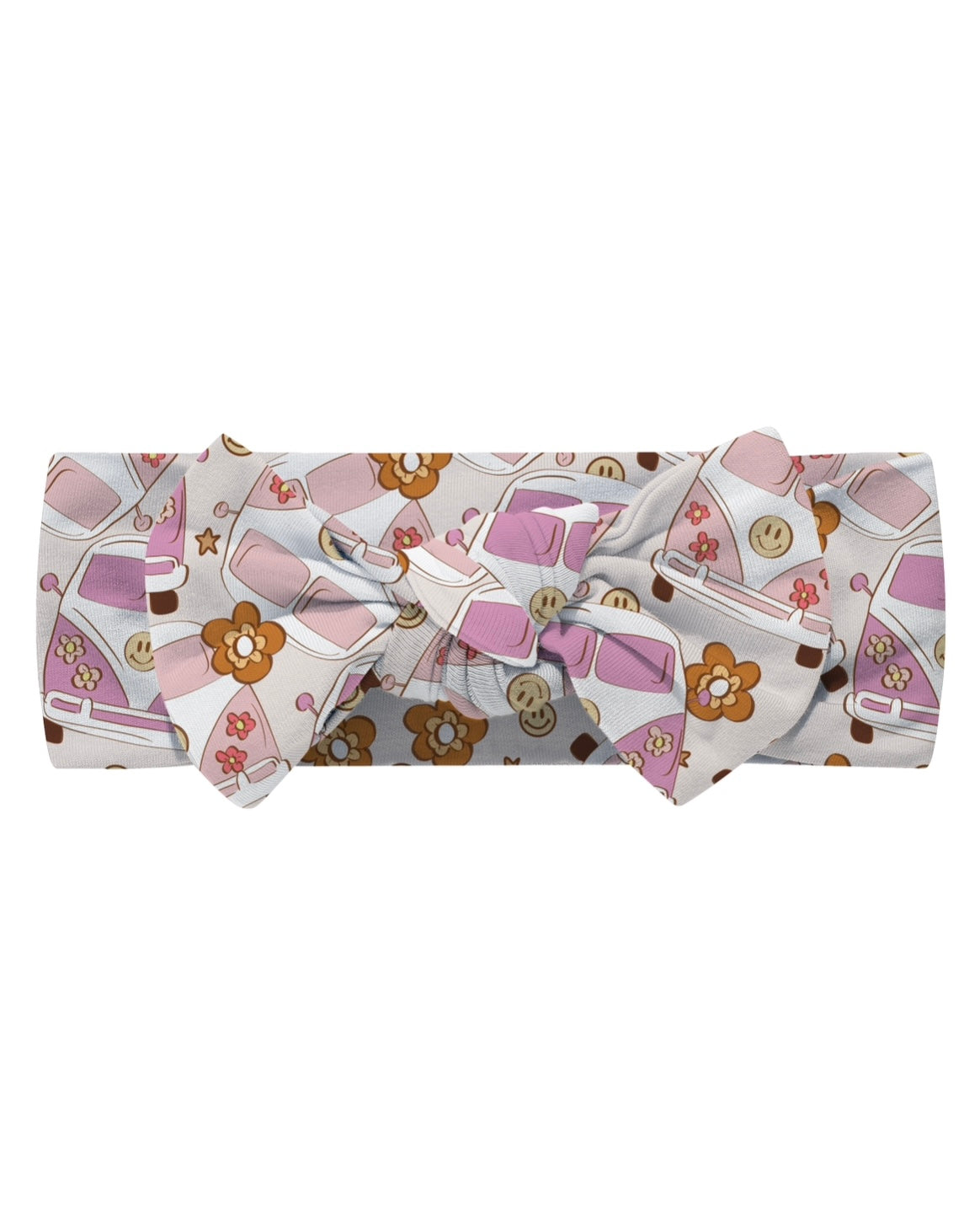 The Groovy Baby • Bow Headwrap is a stretchy newborn headband with a large bow, decorated with pink and brown handbags, flowers, and smiley faces on soft light viscose bamboo fabric.
