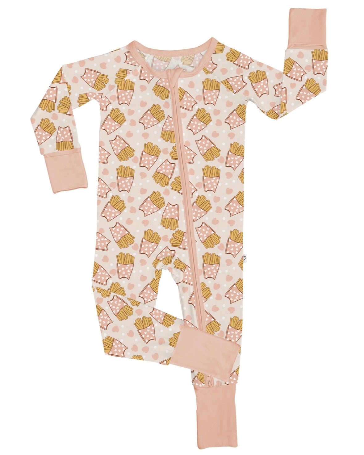 The Fries Before Guys • Bamboo Zippy (Updated Fit) is a pink baby onesie with long sleeves and legs, light pink cuffs, a playful fries and popcorn pattern, and a diagonal zipper closure from our cozy collection.