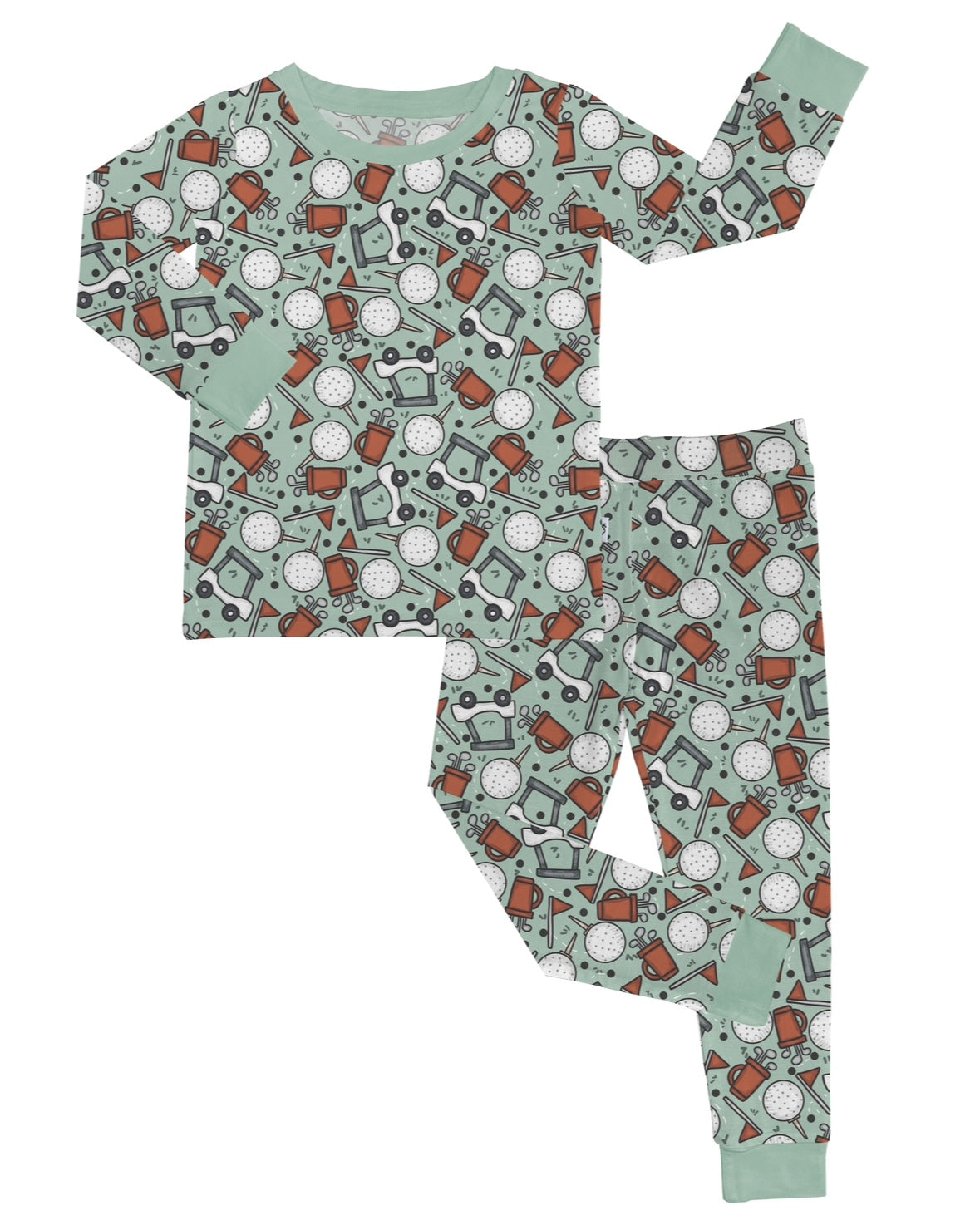 The Little Caddy • 2 Piece Bamboo Set (Updated Fit) is a children’s pajama set made from soft, stretchy fabric in mint green with a print of cameras, clocks, and mugs. The long-sleeve top and pants are great for sensitive skin.