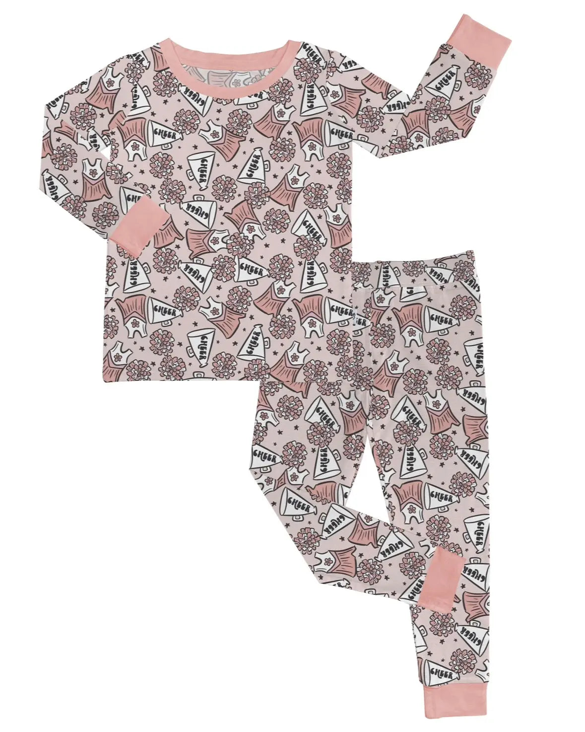The Go! Fight! Win! • 2 Piece Bamboo Set (Updated Fit) is a children’s pajama set with long sleeves and pants, made from super stretchy bamboo, featuring solid pink cuffs and collar and a fun illustrated trees and mushrooms pattern on a pink background.
