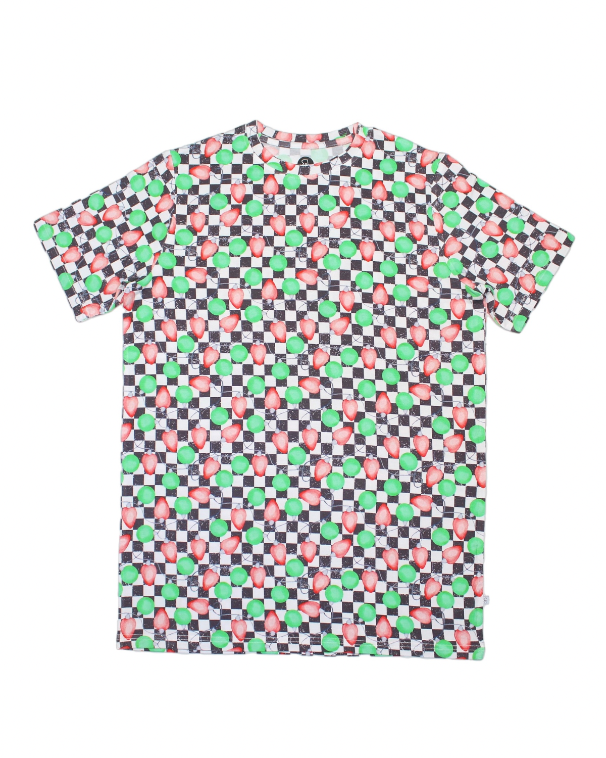 The Checkered Lights • Unisex Bamboo Tee features a red, green, and black check pattern with colorful orbs. Made from soft bamboo, its perfect for sensitive skin and shown laid flat on a white background.