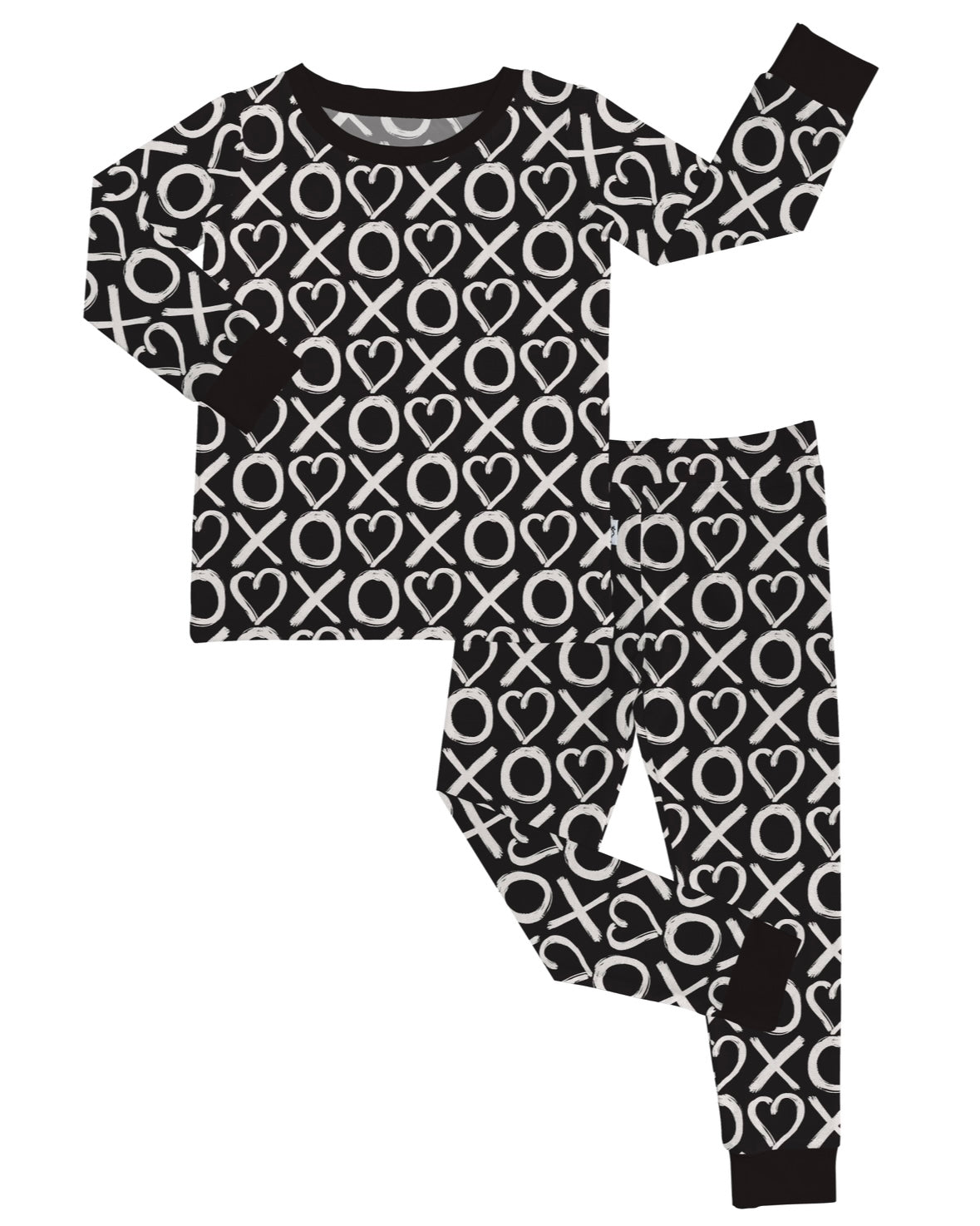 The XOXO • 2 Piece Bamboo Set (Updated Fit) is a black pajama set with a long-sleeve top and pants, showcasing a white XO and heart pattern, made from ultra-soft bamboo viscose with solid black cuffs—great for sensitive skin.
