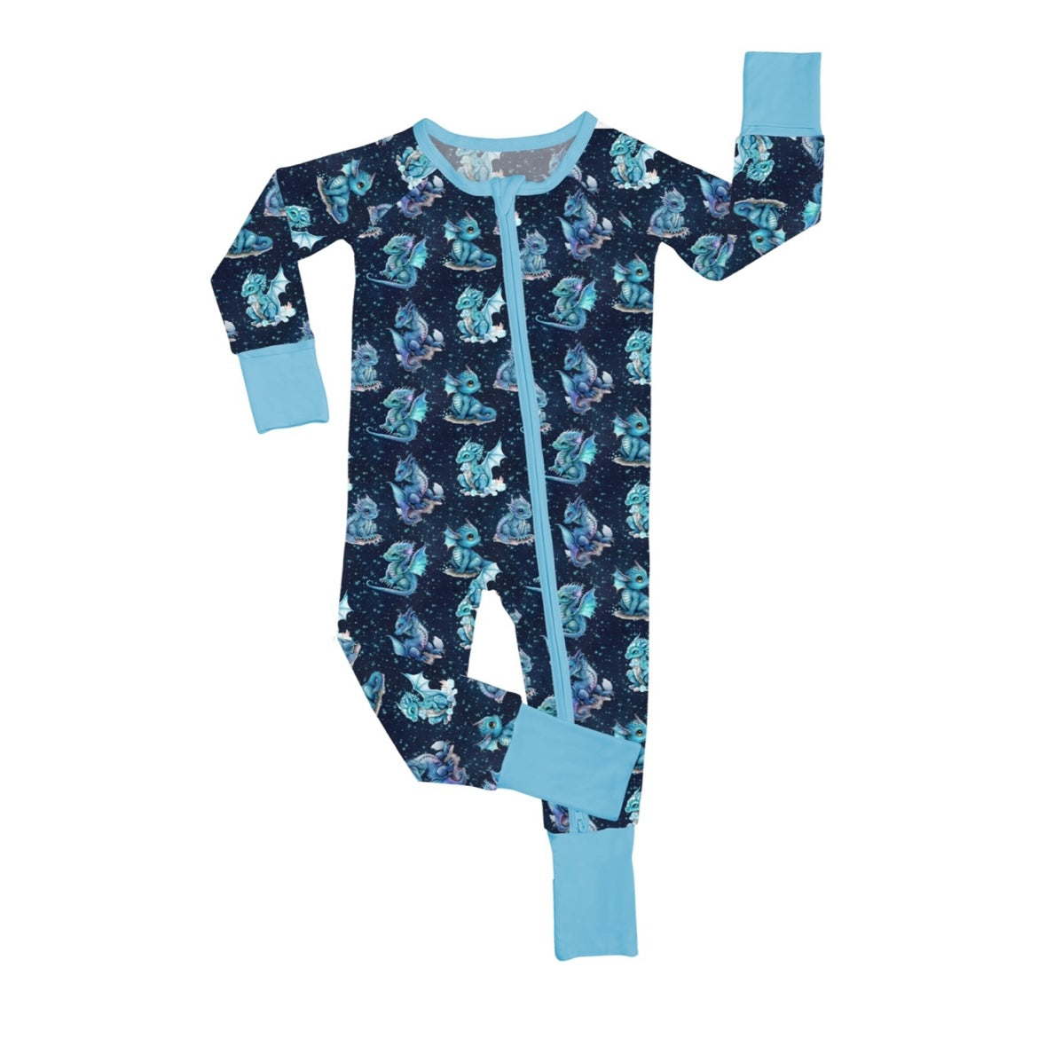 The Dreamy Dragons • Bamboo Zippy (Updated Fit) is a navy blue baby onesie with light blue cuffs and trim, made from soft bamboo fabric, and features an all-over print of blue and white astronauts, planets, and rockets.