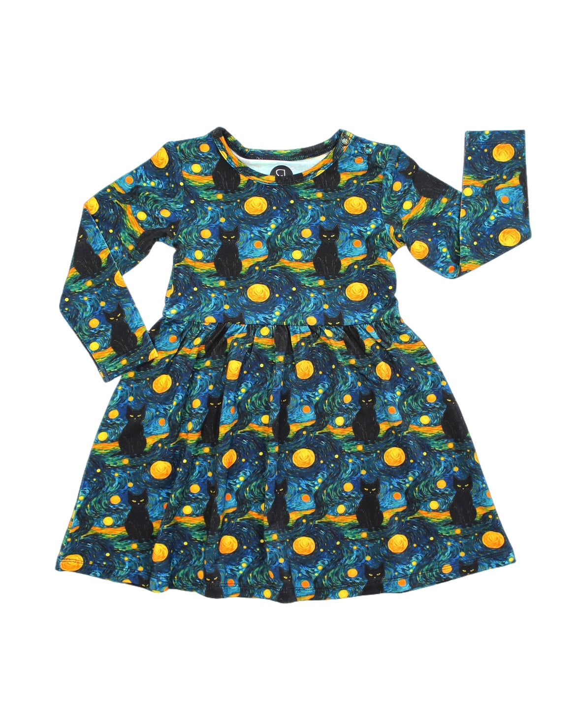 The Starry Cats • Twirl Dress is a long-sleeve twirl dress for kids, featuring black cats with swirling stars and moons in a Van Gogh-inspired print. Made from soft bamboo viscose, its gentle on eczema-prone skin and has a fitted waist with a flared skirt.