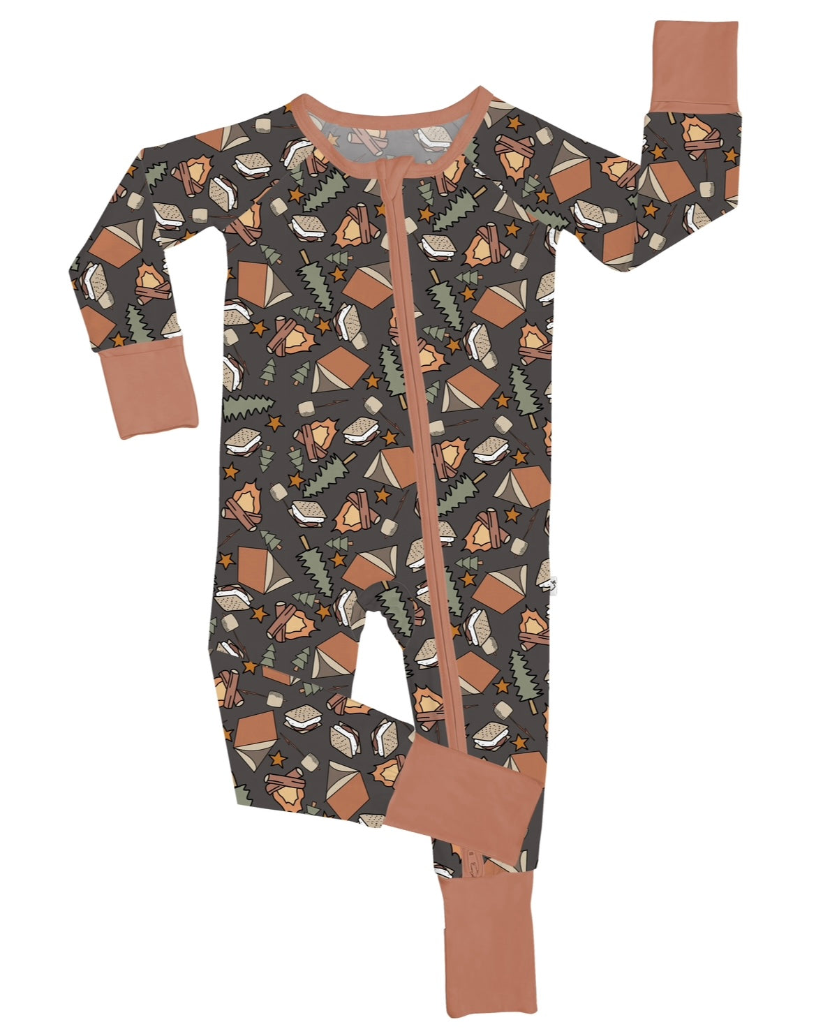 The Smore Fun • Bamboo Zippy (Updated Fit) is a baby romper in brown and peach, featuring smores, campfires, and pine tree prints. Made from soft bamboo for sensitive skin, it has peach cuffs and zipper lining.