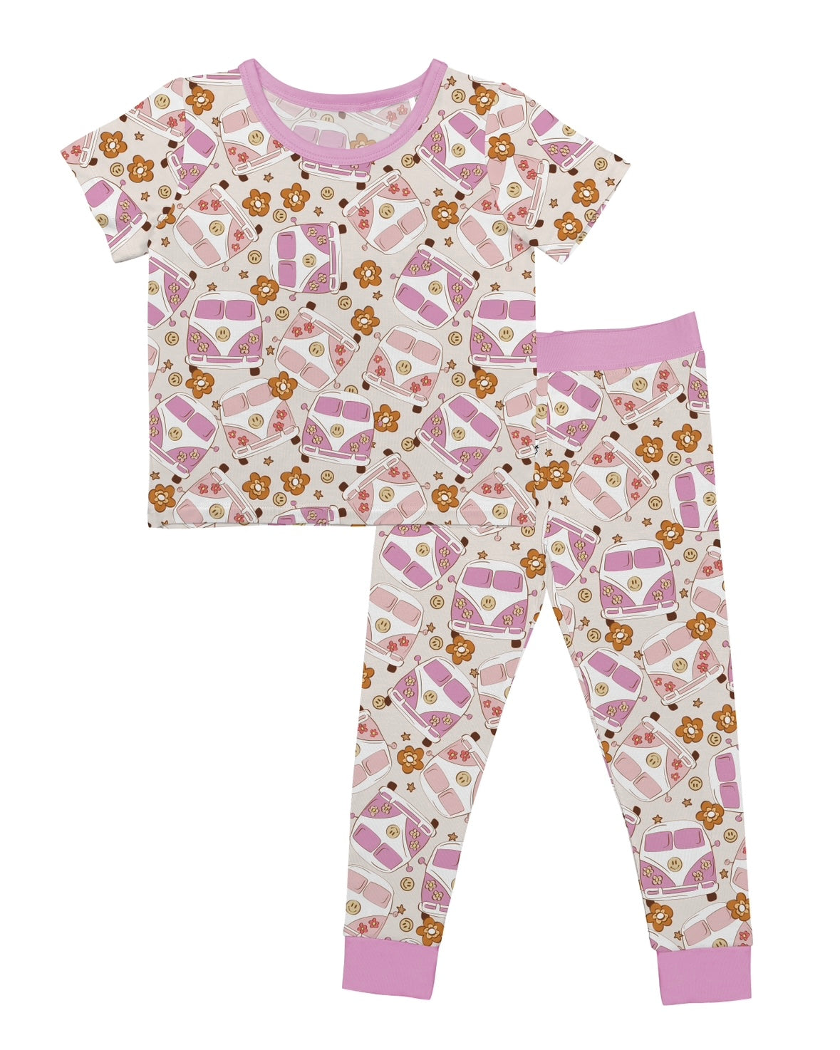 The Groovy Baby • 2 Piece Bamboo Set (Updated Fit) is a childrens pajama set with a short-sleeve top and long pants, featuring pink envelopes, teddy bears, and pink trim, all crafted from super stretchy bamboo fabric.