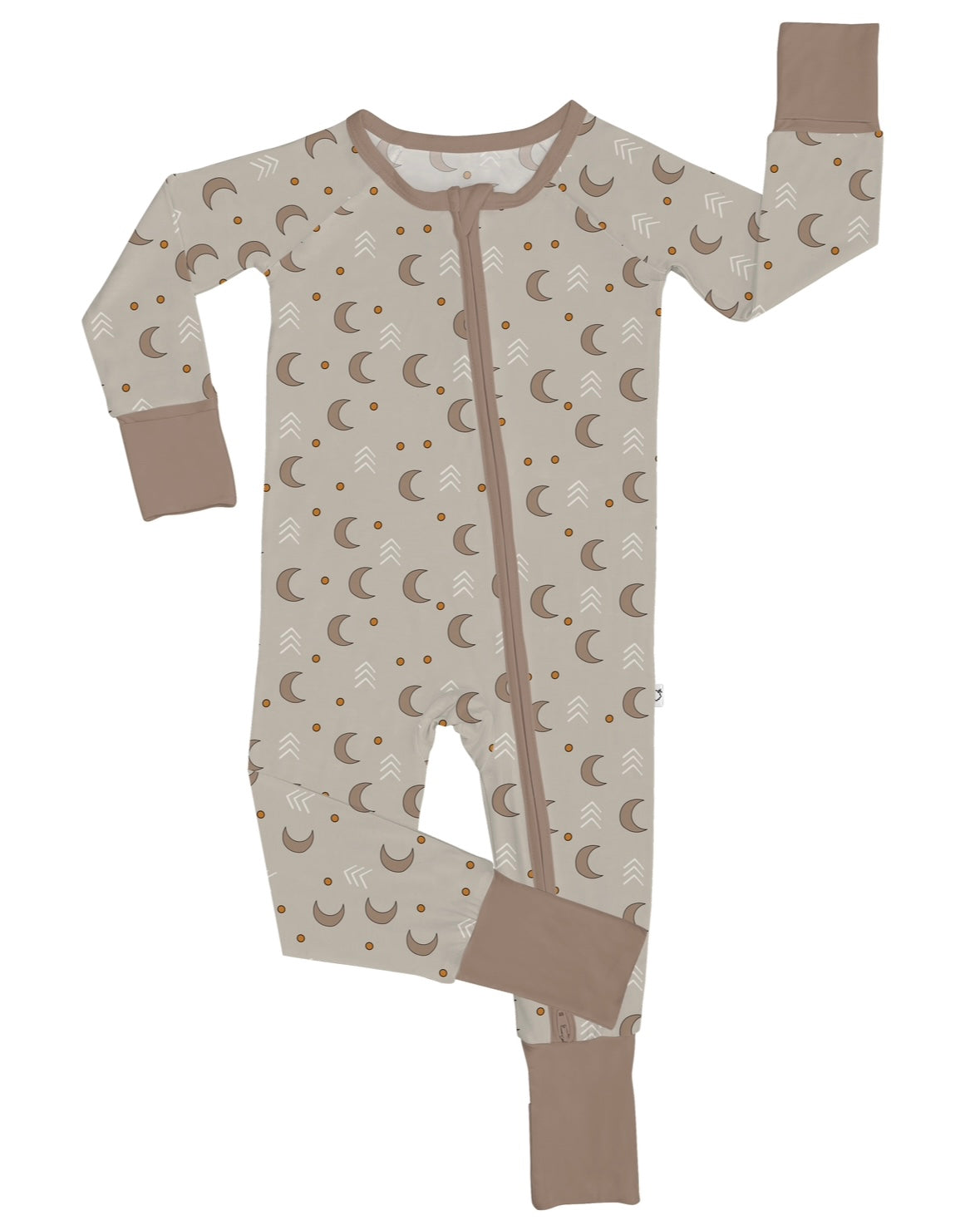 The Crescent • Bamboo Zippy (Updated Fit) is a beige baby onesie made from soft bamboo viscose, featuring brown cuffs, a zipper, and a grow-with-me fit. Adorned with brown moons, dots, and white arrows for cozy style as your baby grows.