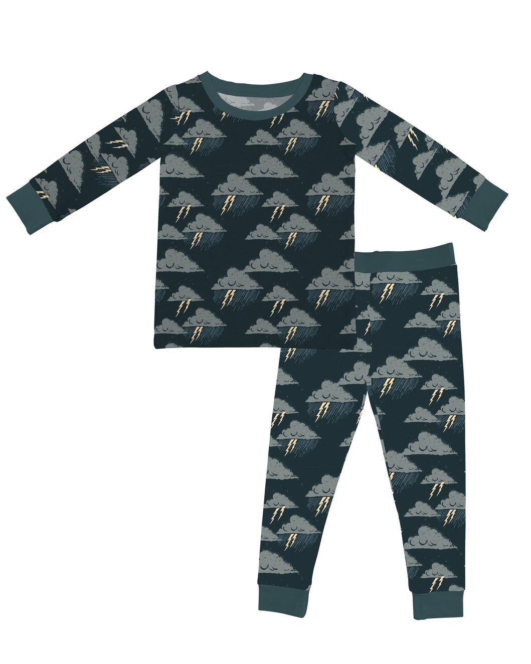 The Stormy • 2 Piece Bamboo Set (Updated Fit) is a children’s long-sleeve pajama with a dark background, gray storm clouds, rain, yellow lightning bolts pattern, and solid dark teal cuffs and collar, made from soft bamboo viscose.
