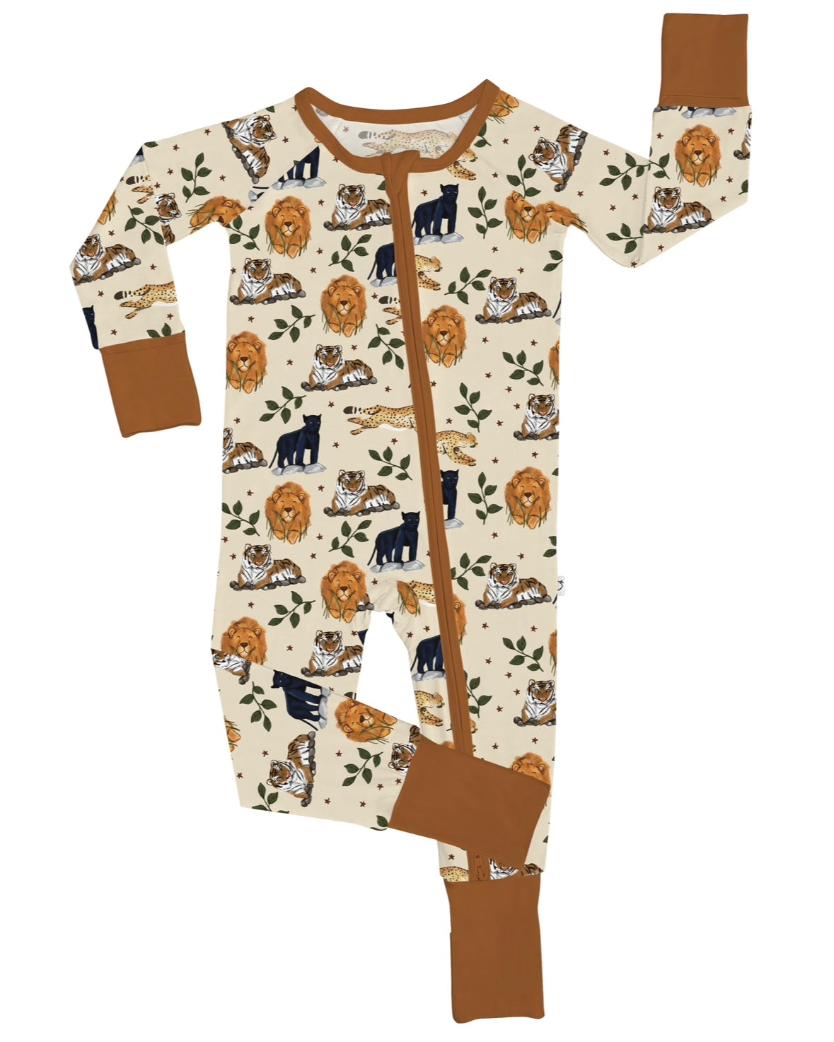 The Safari Friends • Bamboo Zippy (Updated Fit) is a cream baby onesie with brown cuffs and trim, featuring lions, tigers, leopards, and black panthers among green leaves. Made from soft bamboo viscose with a handy front zipper.