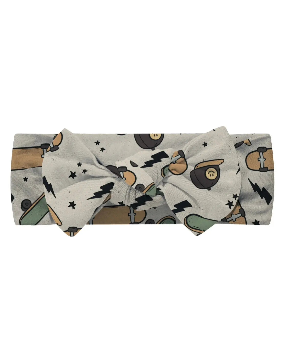 The Skater Vibes • Bow Headwrap is a bamboo headband with a large bow, showcasing cartoon kettlebells, dumbbells, stars, and lightning bolts on a light grey background.