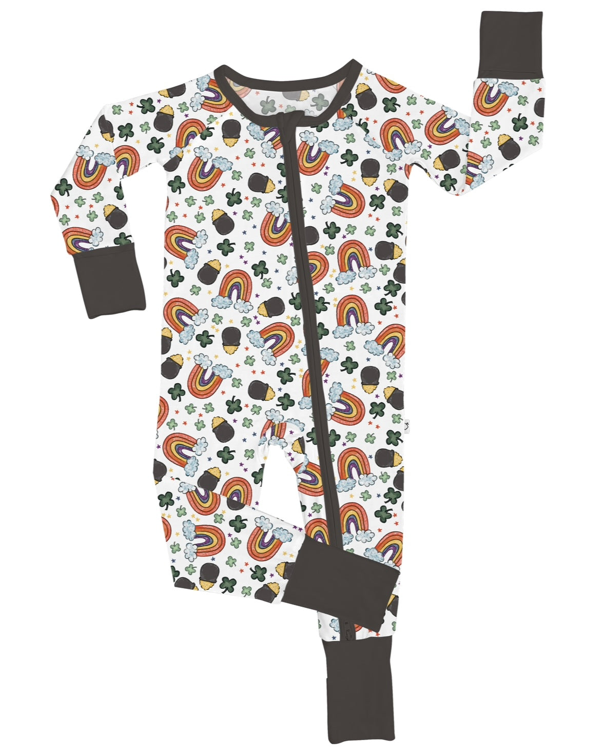 The Pot of Gold • Bamboo Zippy (Updated Fit) is a colorful baby onesie with rainbow, shamrock, sheep, and pot of gold prints on white. Made from soft bamboo gentle on eczema-prone skin, it features dark gray cuffs, zipper, and neckline for a grow-with-me fit.