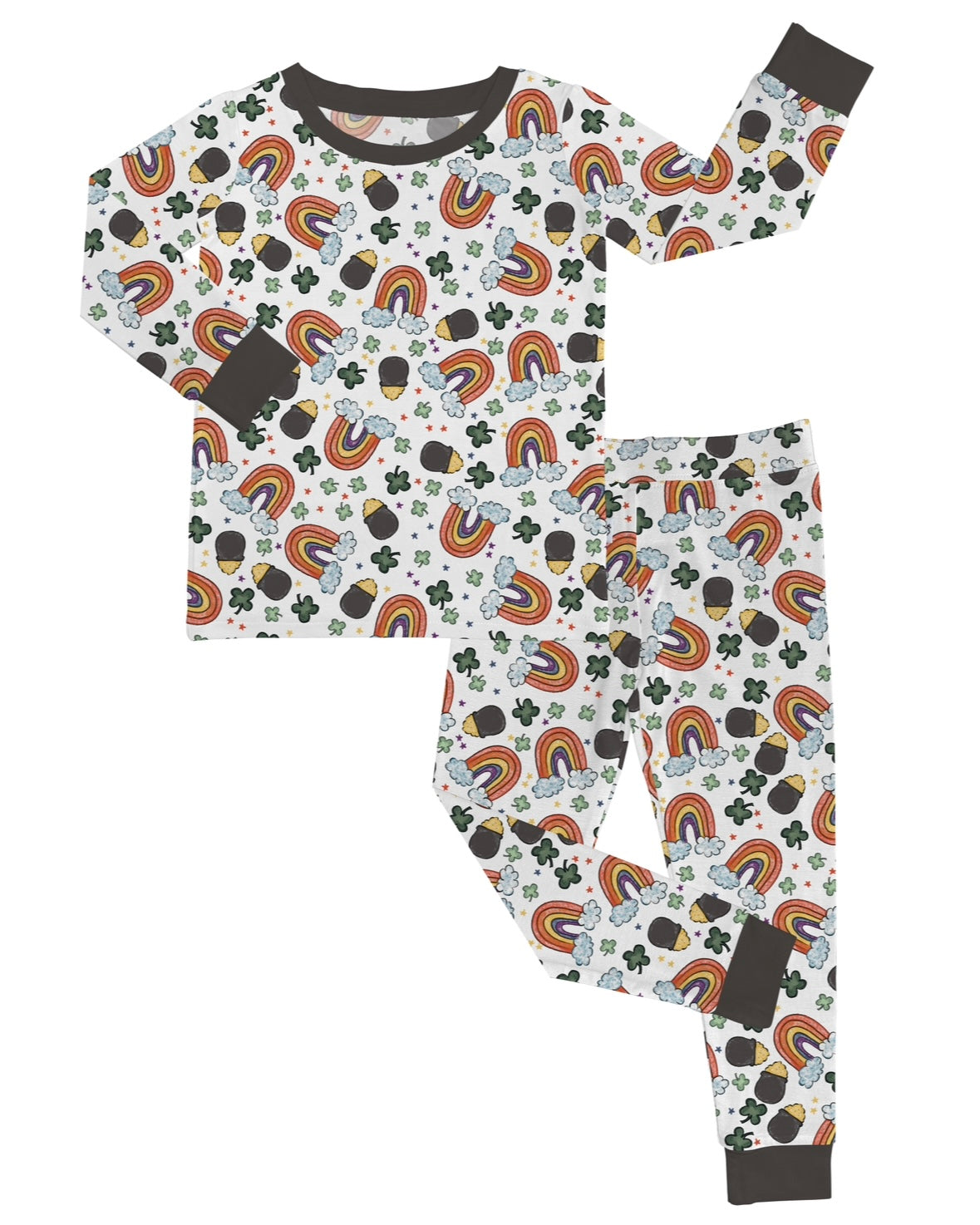 The Pot of Gold • 2 Piece Bamboo Set (Updated Fit) features super stretchy fabric with a white base, colorful rainbows, black pots of gold, green shamrocks, clouds, stars, and dark gray cuffs and collar—perfect for St. Patrick’s Day.