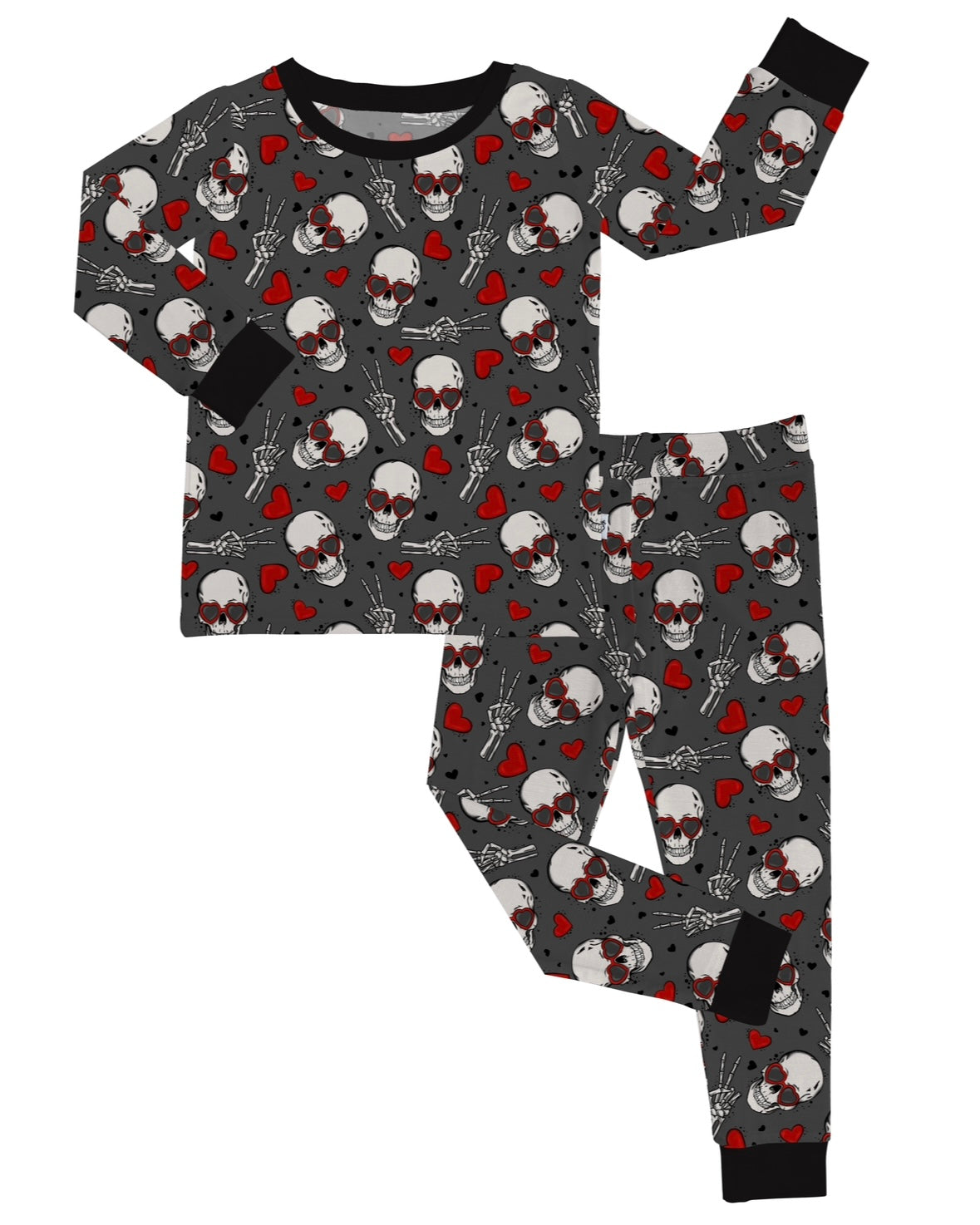 The Love You to Death • 2 Piece Bamboo Set (Updated Fit) is a stretchy, sensitive-skin-friendly long-sleeve pajama set with a dark background, skulls, red hearts, skeleton hands, and solid black cuffs and collar.